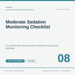 May include: A white document titled Cardiac Nurse Playbooks 2026-27 Edition Moderate Sedation Monitoring Checklist. It includes sections for pre-assessment, intra-procedure monitoring, recovery, and discharge, plus a large number 08.