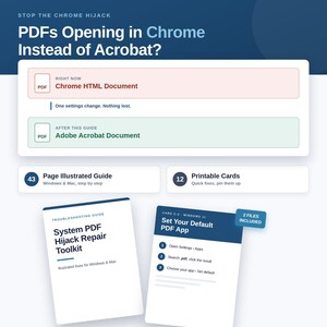 Pode incluir: Um guia digital de solução de problemas intitulado System PDF Hijack Repair Toolkit com 43 páginas ilustradas e 12 cartões imprimíveis. O gráfico explica como alterar as associações de arquivos PDF de Chrome HTML Document para Adobe Acrobat Document.