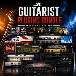 May include: A JST Guitarist Plugins Bundle collection featuring various digital audio interface panels. The image displays multiple software plugin modules with labels including Demon Fuzz, Menace, Guilty Pleasure, and Disruption, set against a dark background.