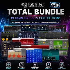 May include: A digital collection of FabFilter software instrument plugin interfaces, including Pro-Q, Pro-R, Pro-DS, Pro-G, Pro-MB, Saturn, Timeless, and Micro. The graphic features the text "TOTAL BUNDLE 2026 EDITION" and "PLUGIN PRESETS COLLECTION!" against a dark background.