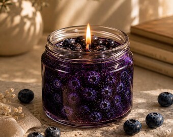 Vela em gel com aroma de mirtilo em pote - Design artesanal realista da fruta, ideia de presente exclusiva para decoração de casa.
