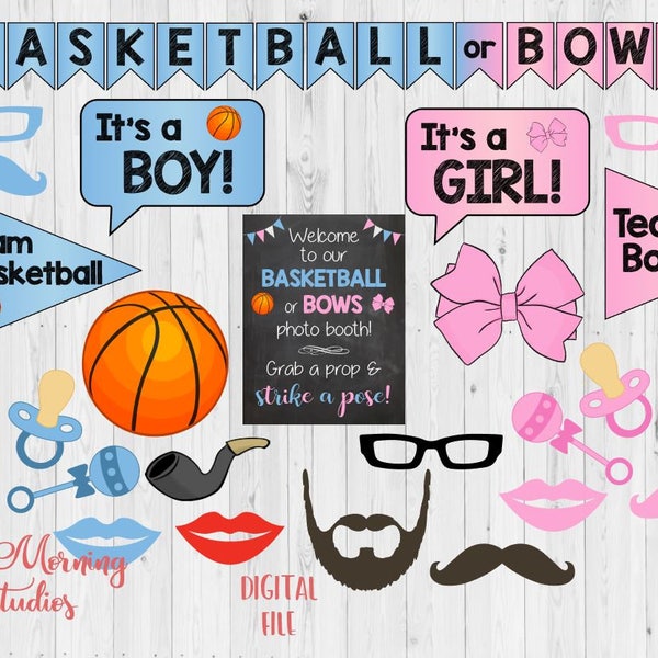 Basketball or Bows Photo Booth Props. PRINTABLE. Basketball or Bows Gender Reveal Party photo booth. photobooth. party games. decorations.