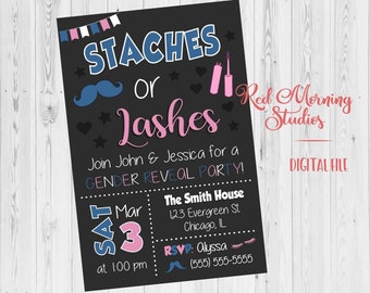 Staches or Lashes Gender Reveal Party Invitation PRINTABLE baby shower invite digital boy or girl. stashes or lashes