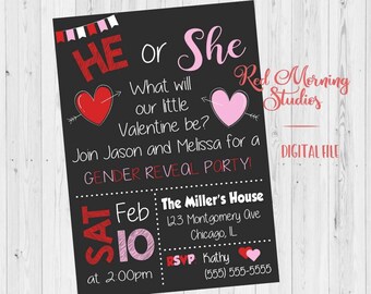 Valentine Gender Reveal Party Invitation. PRINTABLE baby shower invite. he or she what will it be. heart gender reveal party invite. digital