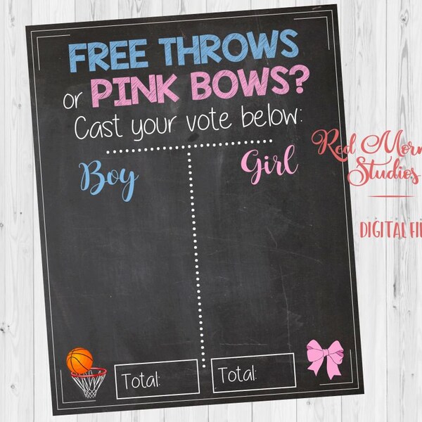 Free Throws or Pink Bows. PRINTABLE. Gender Reveal Guess sign. basketball or cheerleading gender reveal party theme.