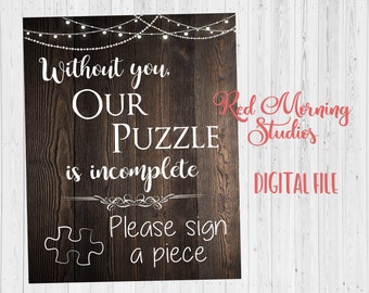 Wedding Puzzle Guestbook sign. PRINTABLE. rustic wedding decorations. puzzle is incomplete. please sign a piece. Puzzle Guest book.