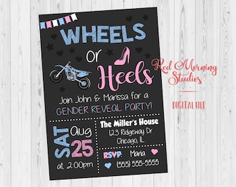 Dirt Bike Wheels or Heels Invitation. PRINTABLE. Motocross Gender Reveal Invitation. Wheels or Heels baby shower. invite digital boy or girl