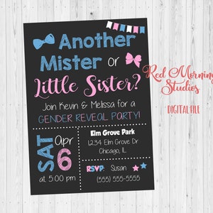 Another Mister or Little Sister Gender Reveal Party Invitation. PRINTABLE. 2nd child baby shower invite. second. sibling digital boy or girl