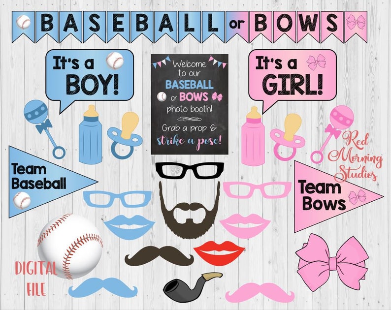 party games Baseball or Bows Gender Reveal Party photo booth Baseball or Bows Photo Booth Props PRINTABLE photobooth decorations.