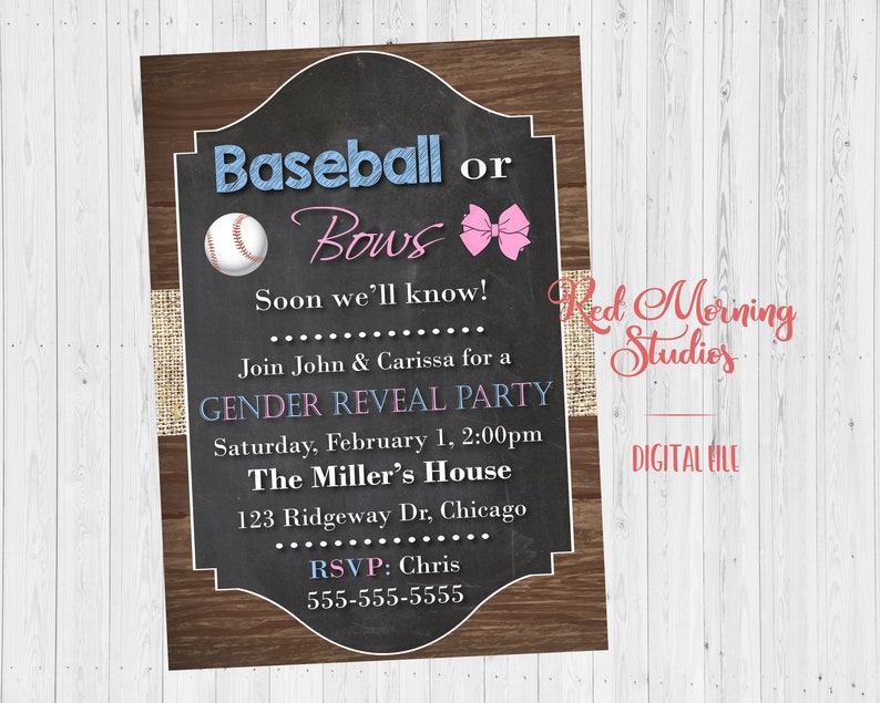 Baseball or Bows Gender Reveal Party Invitation. PRINTABLE. Etsy