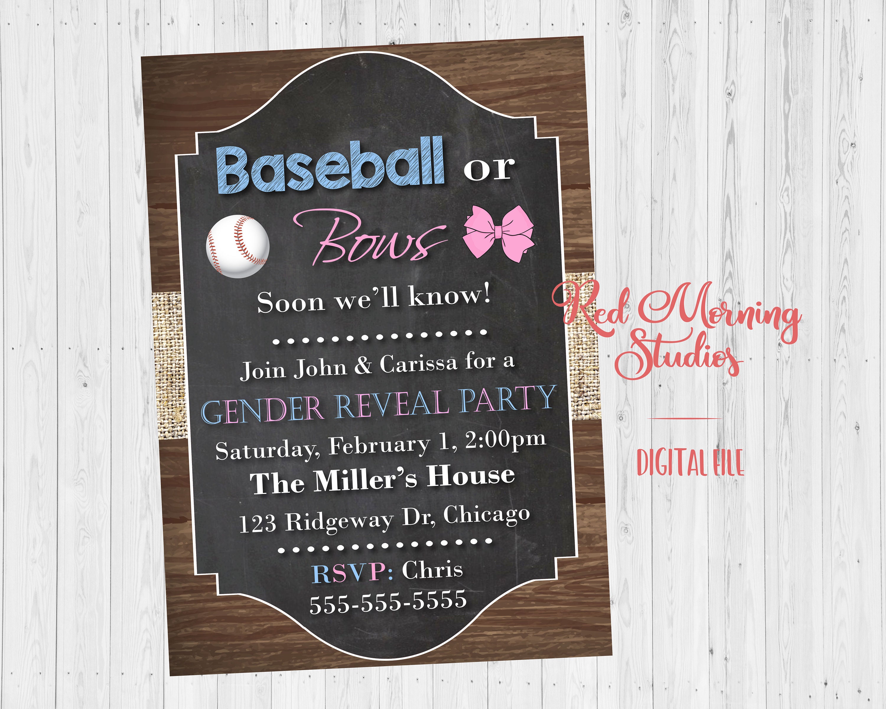 Baseball or Bows Gender Reveal Party Invitation. PRINTABLE. Etsy