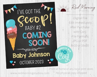 I've Got the Scoop Announcement Sign. INSTANT. Ice Cream Pregnancy Reveal poster. New Baby photo with older sister brother. Digital JPG
