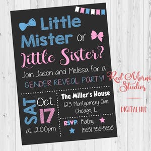 Little Mister or Little Sister Gender Reveal Party Invitation. PRINTABLE. 2nd child baby shower invite. second. sibling digital boy or girl