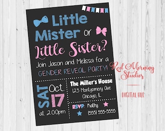 Little Mister or Little Sister Gender Reveal Party Invitation. PRINTABLE. 2nd child baby shower invite. second. sibling digital boy or girl