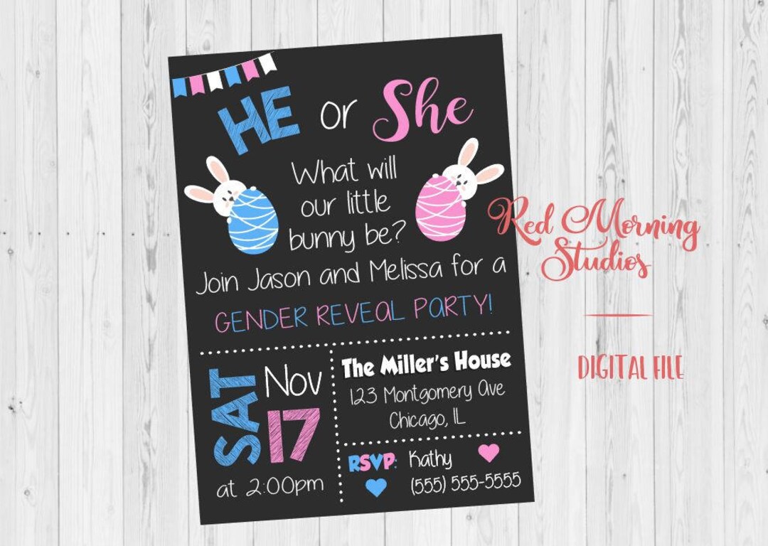 Easter Gender Reveal Party Invitation. PRINTABLE. Spring Baby Shower Invite. Bunny Egg. Easter