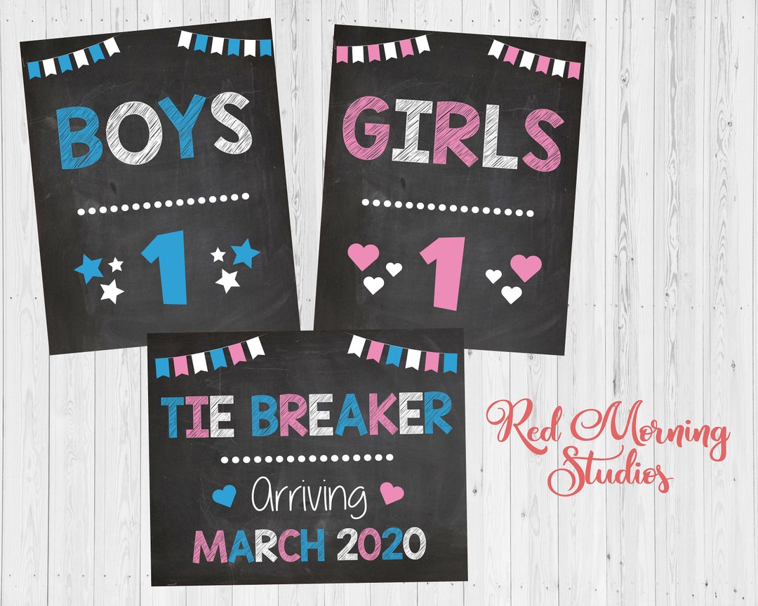 PRINTABLE Personalized Tie Breaker Baby #3 Chalkboard Pregnancy Baby  Announcement / Baby Number Three / Pink Teal / Sign / Photo Prop JPEG