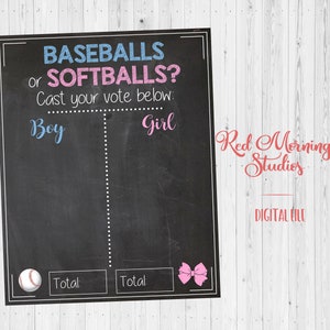Baseballs or Softballs Gender Reveal Guess sign. PRINTABLE. Baseball gender reveal party game. baby shower poster boy or girl