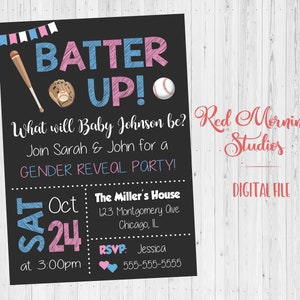 Batter Up Gender Reveal Invitation. PRINTABLE baseball gender reveal party. baby shower. sports. boy or girl