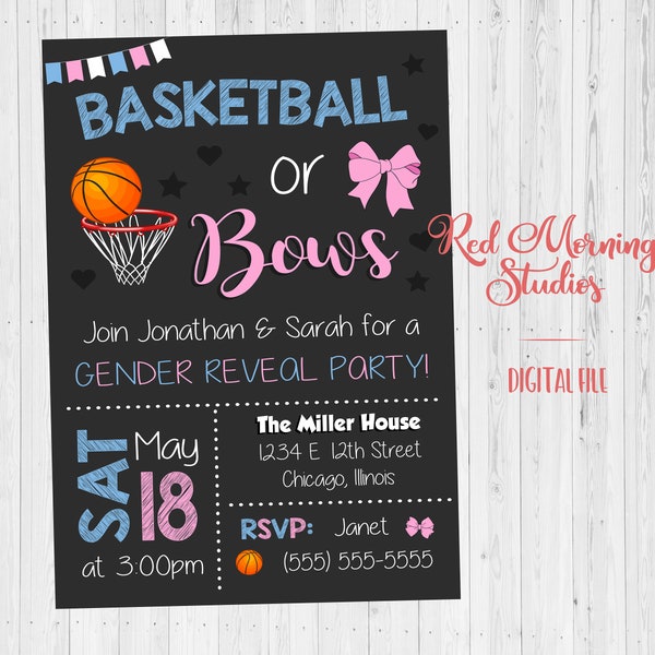 Basketball or Bows Invitation. DIGITAL FILE. Basketball or Bows Gender Reveal Invitation.  Basketball or Bows baby shower. invite