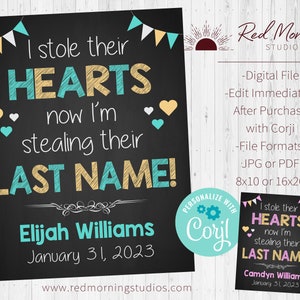 Adoption Announcement sign. DIGITAL FILE. custom personalized adoption day poster.  i stole their hearts now stealing last name adopt photo