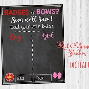 Firefighter Badges or Bows Gender Reveal Guess sign. PRINTABLE. Fireman Gender Reveal. baby shower PRINTABLE poster boy or girl