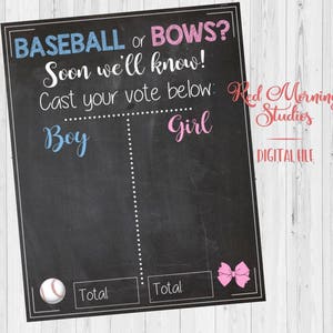 Baseball or Bows Gender Reveal Guess sign. DIGITAL FILE. Baseball Gender Reveal party game. baby shower poster boy or girl