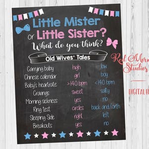 Little Mister or Little Sister Old Wives' Tales sign. PRINTABLE. 2nd child Gender Reveal Guess. sibling baby shower poster boy or girl