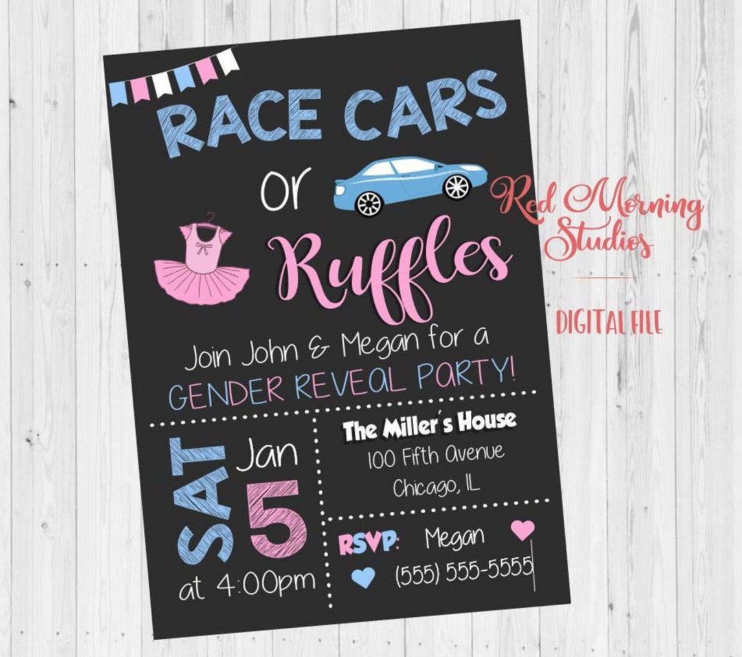 Race Cars or Ruffles Gender Reveal Party Invitation. PRINTABLE. Car or