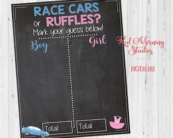 Race Cars or Ruffles Gender Reveal Guess sign. PRINTABLE. racecar or tutu gender reveal party theme.
