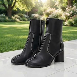May include: A pair of black ankle boots featuring a split-toe design, white contrast stitching along the seams, a side zipper closure, and a sturdy block heel. The boots have a smooth finish and reach above the ankle with a structured silhouette.