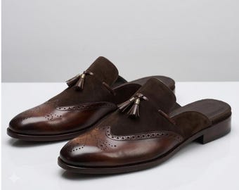 Men's Brown Tassel Wingtip Mule Loafers, Handmade Leather Suede Slip On Shoes