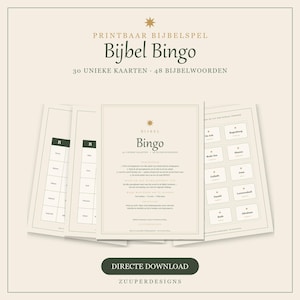 May include: A printable Bible Bingo game set featuring 30 unique cards and 48 Bible words. The beige cards display dark green text, a star icon, and instructions. The set includes a title page, game cards, and a sheet of calling cards with names.