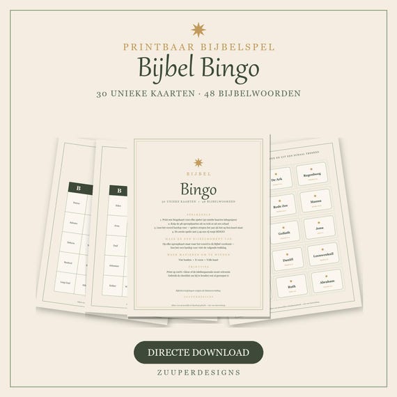 Bijbel Bingo Spel Printbaar, 30 Unieke Kaarten, Zondagsschool Activiteit, Bijbelspel voor Kinderen, Christelijk Gezelschapsspel PDF