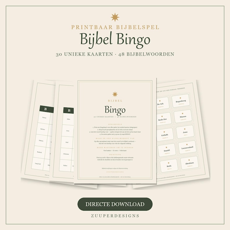 May include: A printable Bible Bingo game set featuring 30 unique cards and 48 Bible words. The beige cards display dark green text, a star icon, and instructions. The set includes a title page, game cards, and a sheet of calling cards with names.