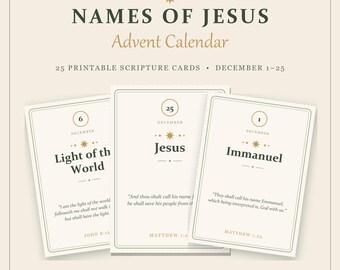Calendario de Adviento con los Nombres de Jesús para imprimir, Tarjetas Cristianas de Adviento, Cuenta Regresiva Navideña con Escrituras, Devocional Familiar de 25 Días, Descarga Digital