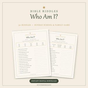 May include: Two printable game sheets titled Bible Riddles Who Am I? featuring 30 riddles for Sunday school and family play. The pages include word banks for Old and New Testament characters with blank lines for writing answers and a digital download label.