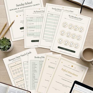May include: A collection of printed Sunday School reward and attendance charts, memory verse punch cards, and certificates of achievement. The documents feature cream-colored paper with gold star accents, green grid lines, and black text.