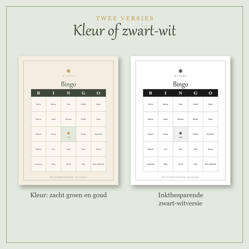 Bingokaart in kleur en inktbesparende zwart-witversie