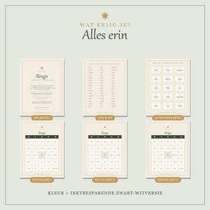 May include: A printable bingo game set featuring a rule sheet, a checklist, 48 calling cards, and three bingo cards labeled 1, 10, and 20. The design uses a light beige background with dark green text and accents, including the text "WAT KRIJG JE? Alles erin".