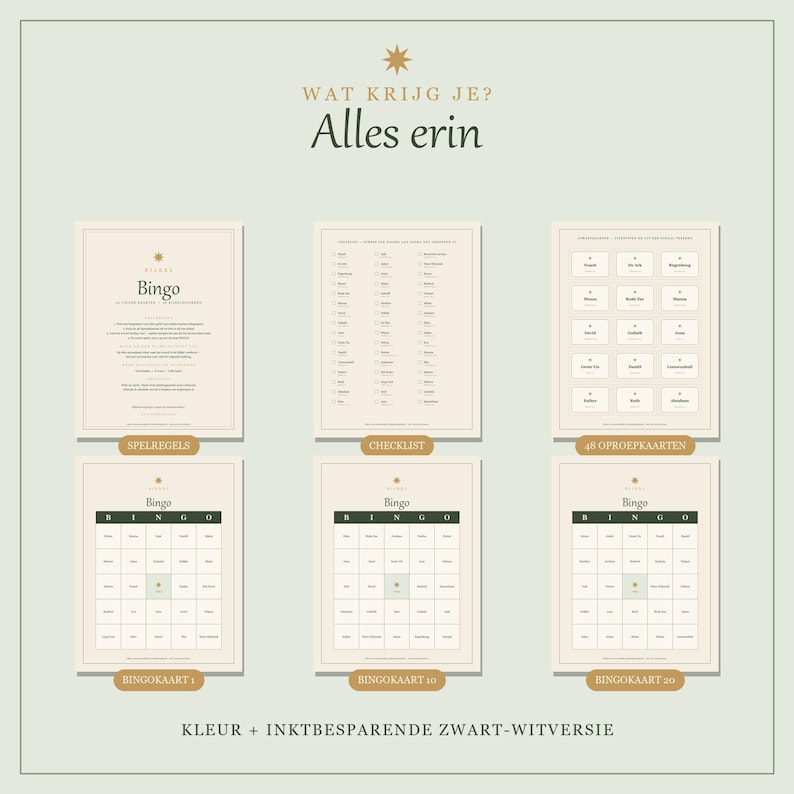 May include: A printable bingo game set featuring a rule sheet, a checklist, 48 calling cards, and three bingo cards labeled 1, 10, and 20. The design uses a light beige background with dark green text and accents, including the text "WAT KRIJG JE? Alles erin".