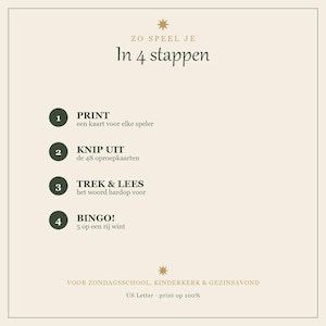 May include: A beige instructional card with dark green text and gold star accents. The text reads: ZO SPEEL JE In 4 stappen, 1 PRINT, 2 KNIP UIT, 3 TREK & LEES, 4 BINGO!, VOOR ZONDAGSSCHOOL, KINDERKERK & GEZINSAVOND, and US Letter print op 100%.