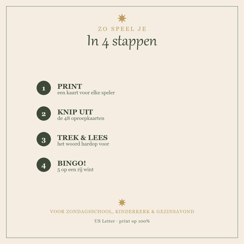 May include: A beige instructional card with dark green text and gold star accents. The text reads: ZO SPEEL JE In 4 stappen, 1 PRINT, 2 KNIP UIT, 3 TREK & LEES, 4 BINGO!, VOOR ZONDAGSSCHOOL, KINDERKERK & GEZINSAVOND, and US Letter print op 100%.