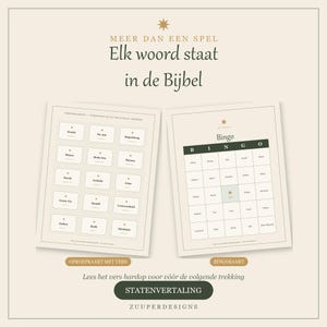 May include: A Bible-themed bingo game set featuring a calling card sheet with names like Noah and David, and a bingo card with a dark green header. The text reads MEER DAN EEN SPEL, Elk woord staat in de Bijbel, OPROEPKAART MET VERS, BINGOkaart, and STATENVERTALING.