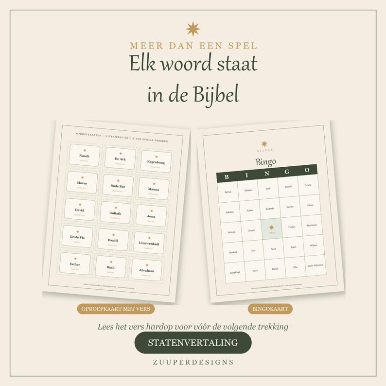 May include: A Bible-themed bingo game set featuring a calling card sheet with names like Noah and David, and a bingo card with a dark green header. The text reads MEER DAN EEN SPEL, Elk woord staat in de Bijbel, OPROEPKAART MET VERS, BINGOkaart, and STATENVERTALING.