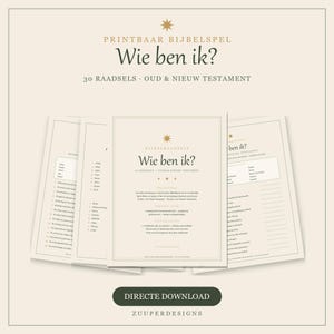 May include: A printable Bible game titled "Wie ben ik?" featuring 30 riddles from the Old and New Testament. The set includes multiple pages with text in Dutch, a central star icon, and a dark green button at the bottom labeled "DIRECTE DOWNLOAD".