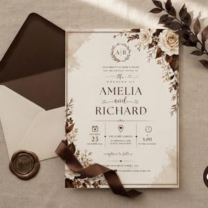 May include: A wedding invitation card featuring cream and brown floral accents, a brown ribbon, and a wax seal. The text reads: The Wedding of Amelia and Richard, October 25, 2024, at 5:00 in the evening at The Ivory Garden, 123 Romance Lane, Acees, Texas, 78910.