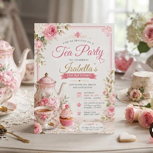 Peut inclure: Une carte d'invitation rectangulaire pour une fête de thé avec des roses roses, une théière et un cupcake. Le texte indique : You're invited to a Tea Party to celebrate Isabella's 5th Birthday, Saturday May 24, 2025, 2:00 PM - 4:30 PM, The Garden Tea Room, 123 Blooming Lane, Roseville, CA 99999, Wear your prettiest hat, RSVP to Amy at 123-456-7890 by May 17th.