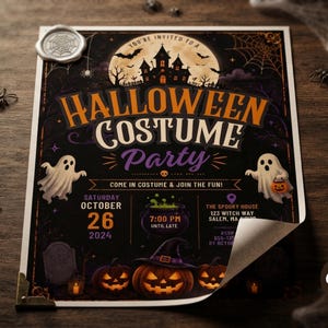 May include: A rectangular Halloween costume party invitation flyer featuring a haunted house, ghosts, pumpkins, and a cauldron. The text reads Halloween Costume Party, Saturday October 26 2024, 7:00 PM, and The Spooky House 123 Witch Way Salem.