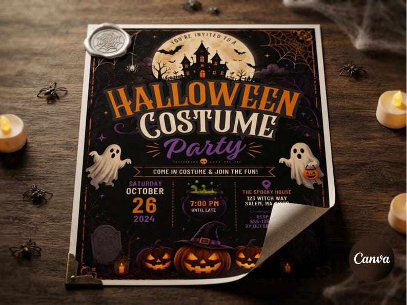 May include: A rectangular Halloween costume party invitation flyer featuring a haunted house, ghosts, pumpkins, and a cauldron. The text reads Halloween Costume Party, Saturday October 26 2024, 7:00 PM, and The Spooky House 123 Witch Way Salem.