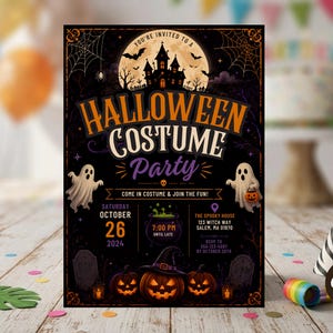 May include: A rectangular Halloween costume party invitation card featuring a haunted house silhouette against a full moon, two ghosts, three jack-o'-lanterns, and text including "Halloween Costume Party," "Saturday October 26 2024," and "The Spooky House 123 Witch Way Salem MA 01970."